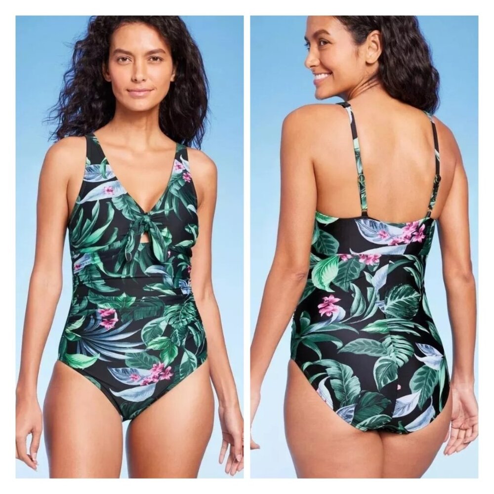 Kona Sol Tropical Floral Tummy Control Full Coverage One Piece Swimsuit 8-10 NWT